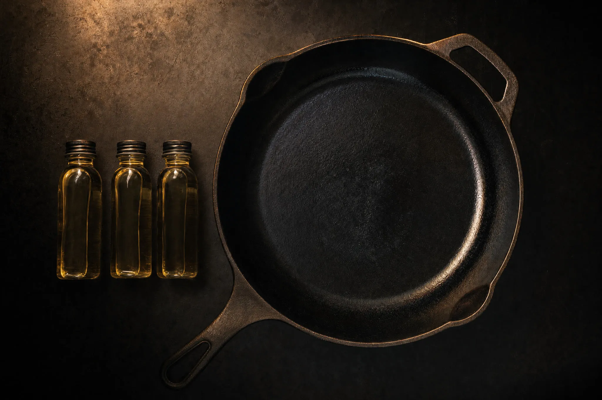 Three small bottles of neutral oil beside a seasoned cast iron skillet on a dark workbench