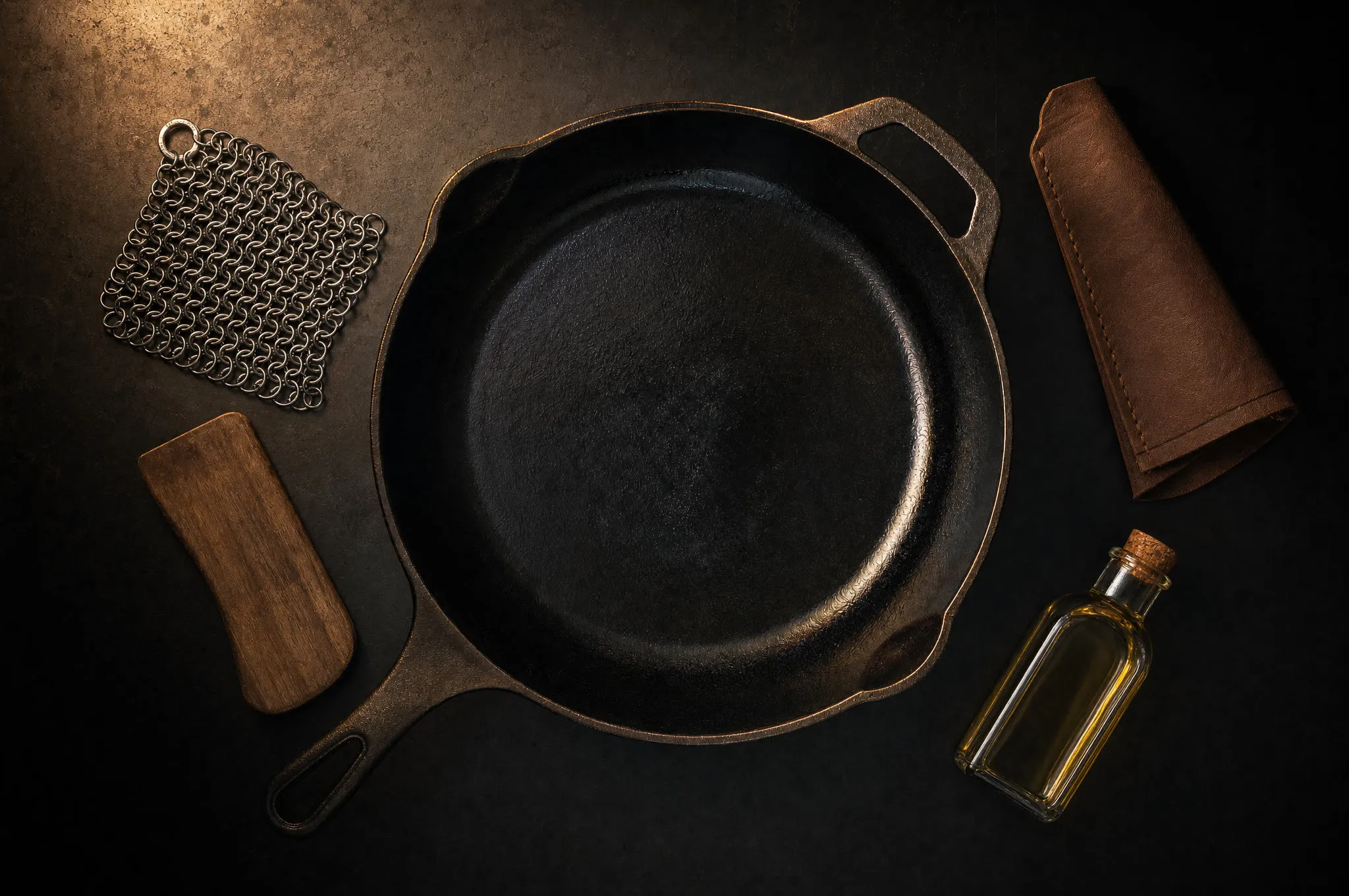 Flat-lay of cast iron accessories around a skillet: chainmail scrubber, wooden scraper, handle cover, and oil