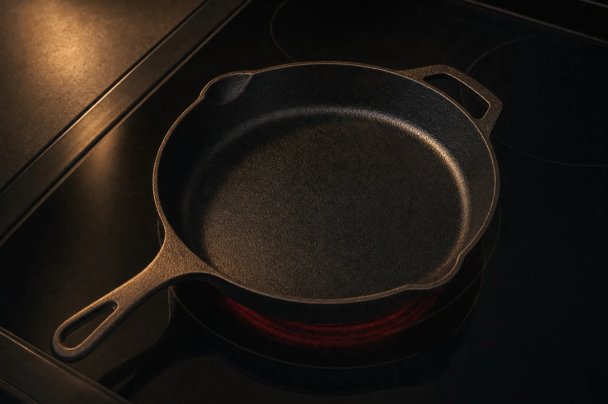 Cast iron skillet centered on a black glass-top stove with a faint red element glow