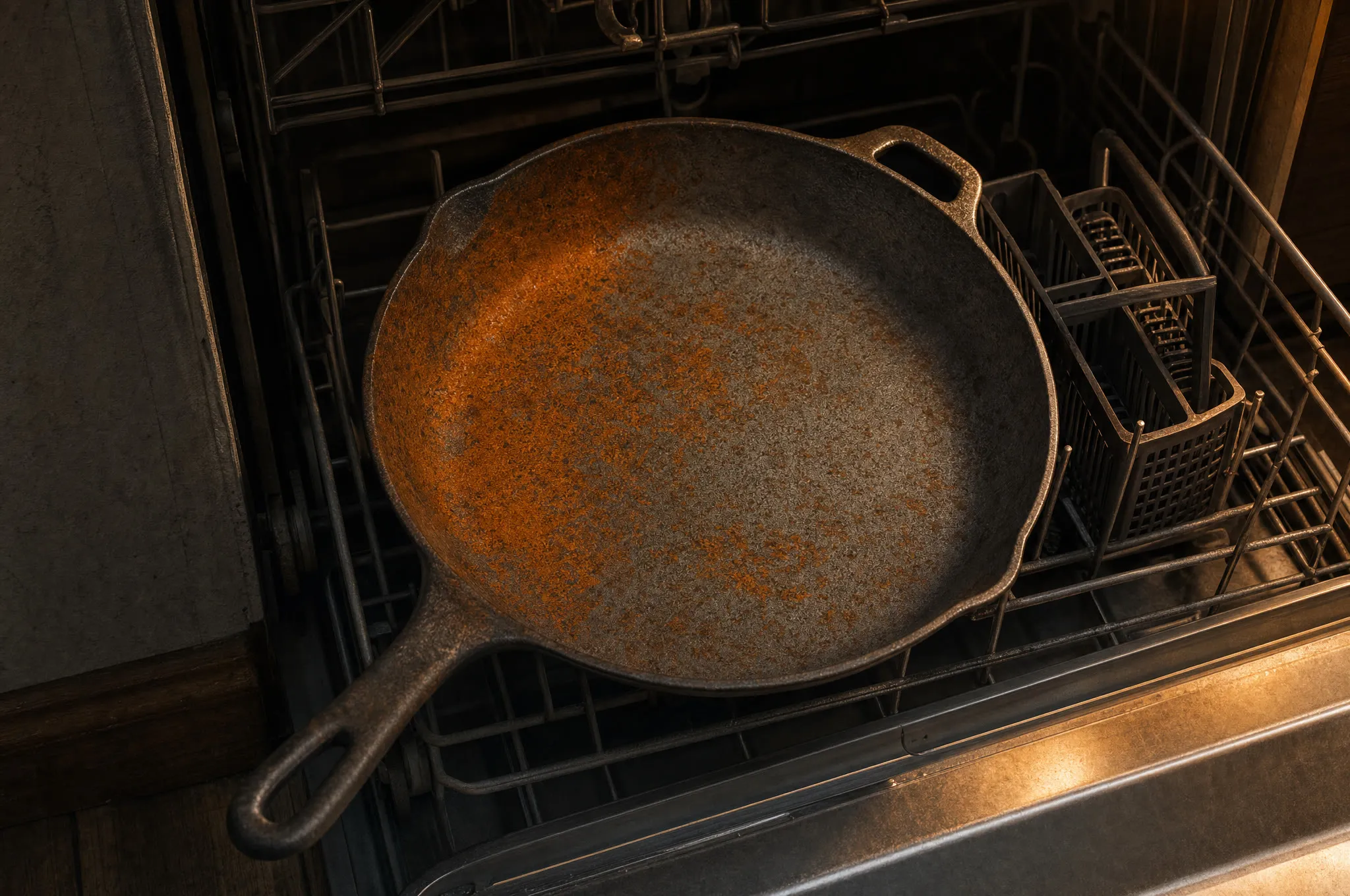 Cast iron skillet in a dishwasher rack with fresh orange rust spots on its stripped surface