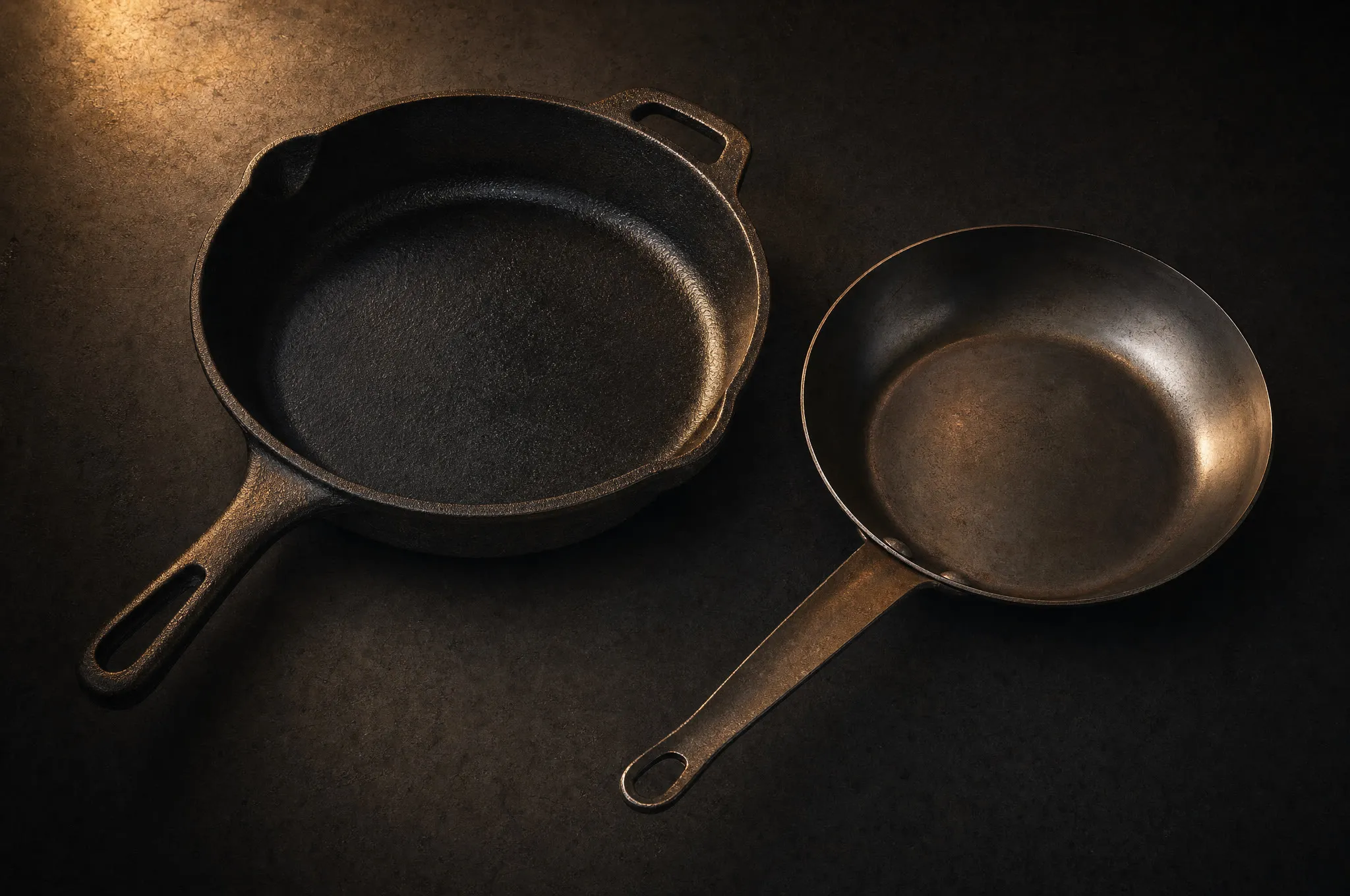 Thick cast iron skillet beside a thinner carbon steel pan on a dark workbench