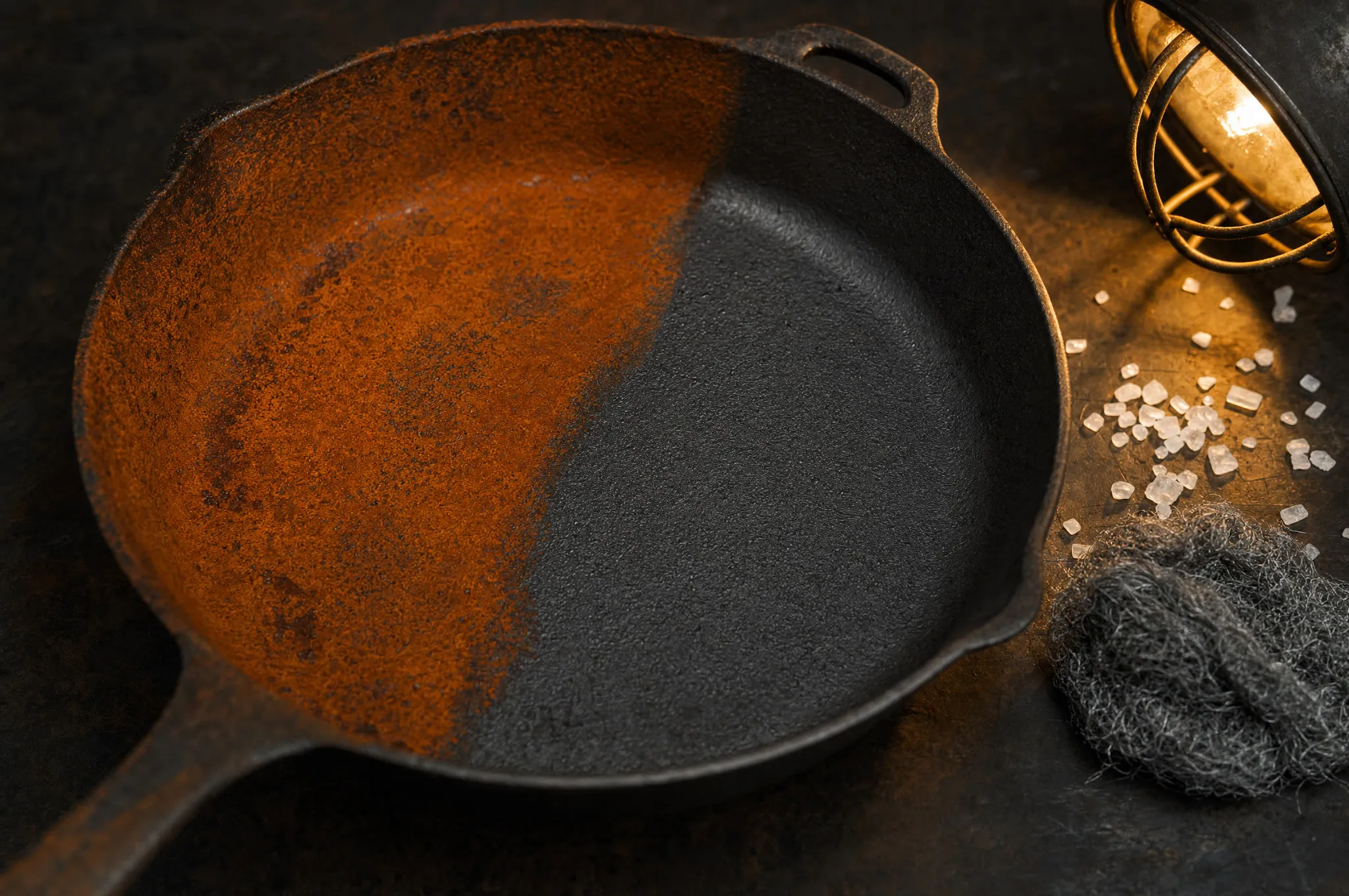 Vintage cast iron skillet half covered in orange rust, half scrubbed back to clean dark iron, steel wool and coarse salt beside it