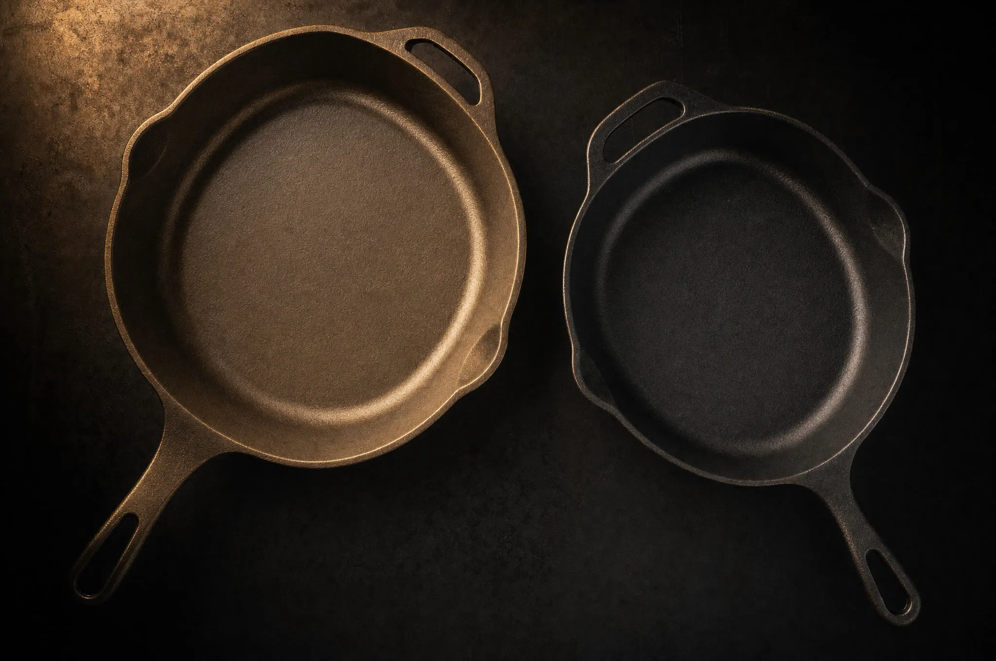 Two premium smooth-milled cast iron skillets side by side, one polished bronze-toned, one matte black