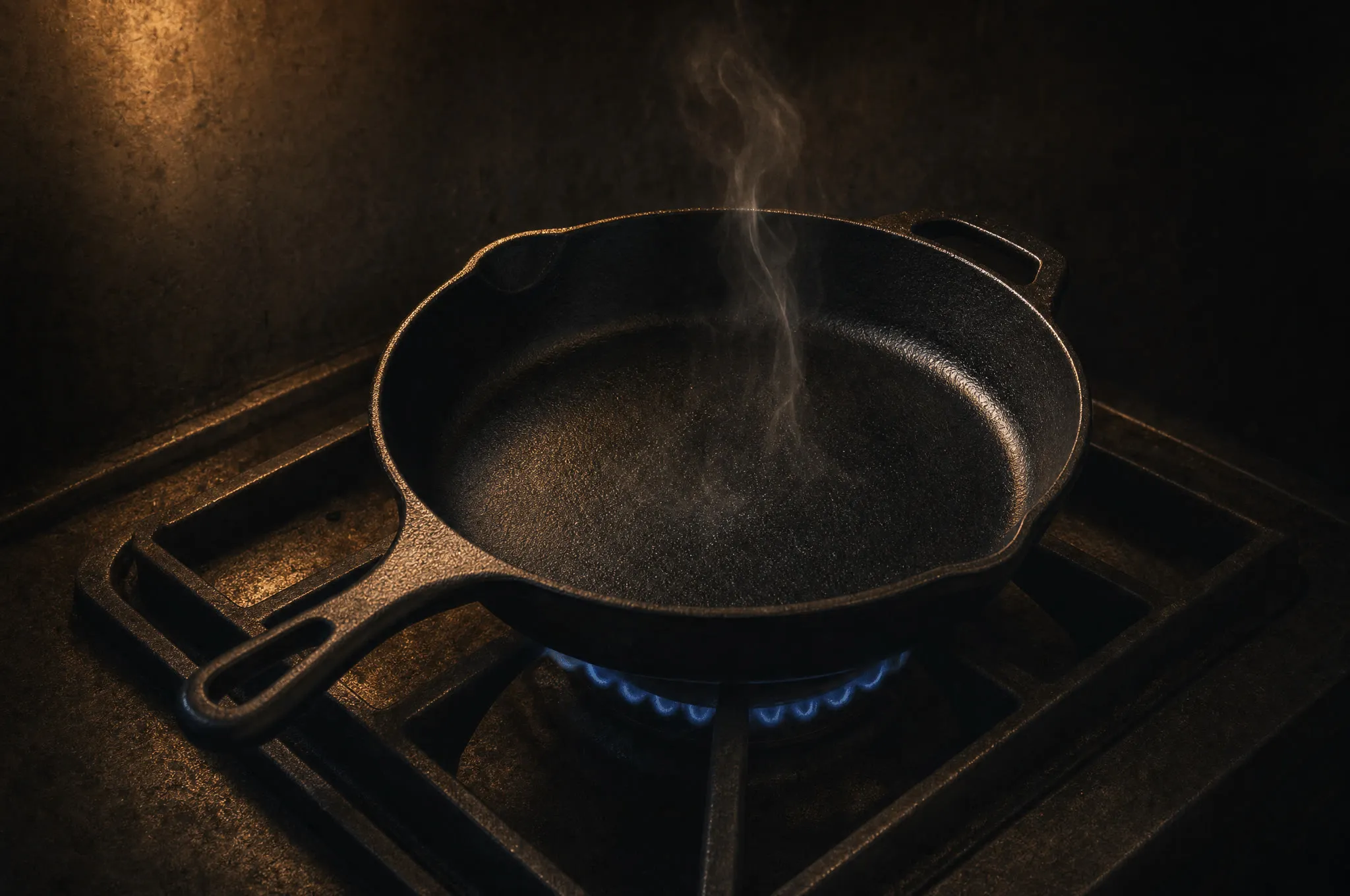 Thin wisp of smoke rising from a cast iron skillet on a gas burner